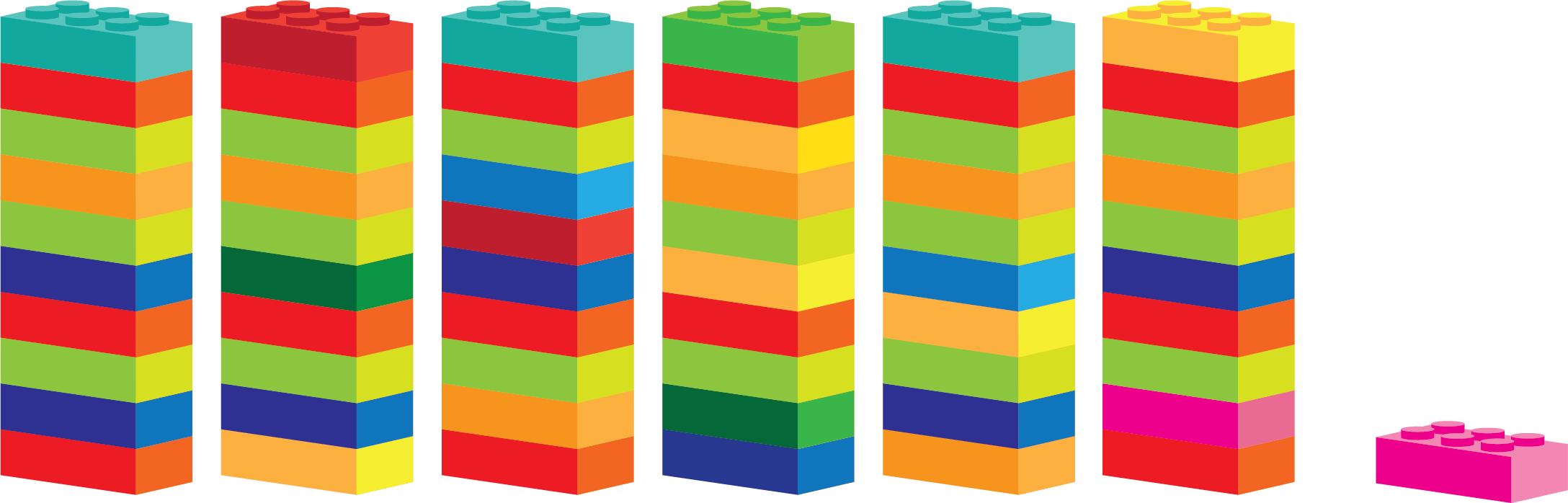 Шiсть веж по десять цеглинок Lego i окрема цеглинка поряд