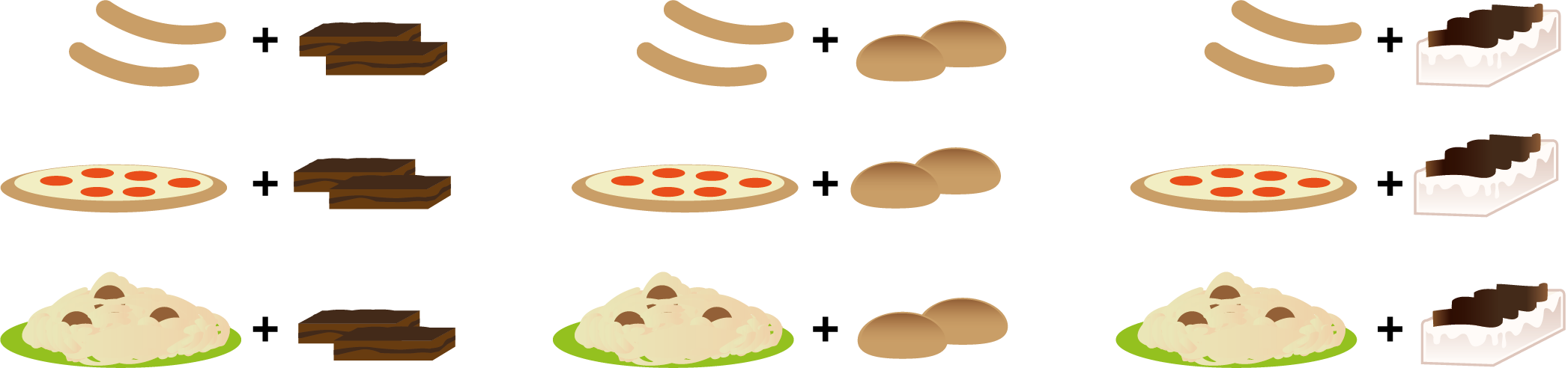 Combinations of sausages, pizzas, and chocolate