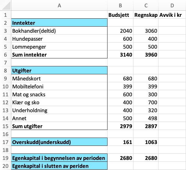 Regneark i Excel med summering av inntekter og utgifter fra budsjett og regnskap