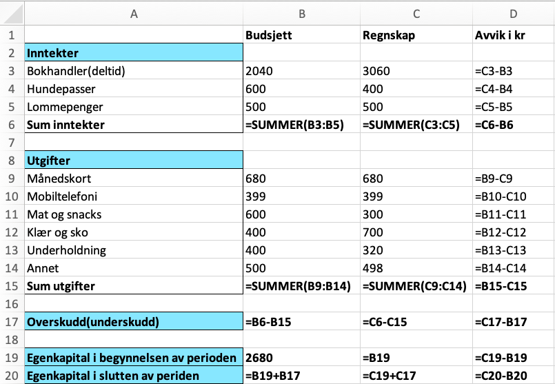 Regneark i Excel med formler brukt i beregningene
