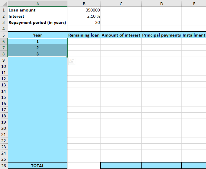 Spreadsheet in Excel presenting the skeleton of loan overview