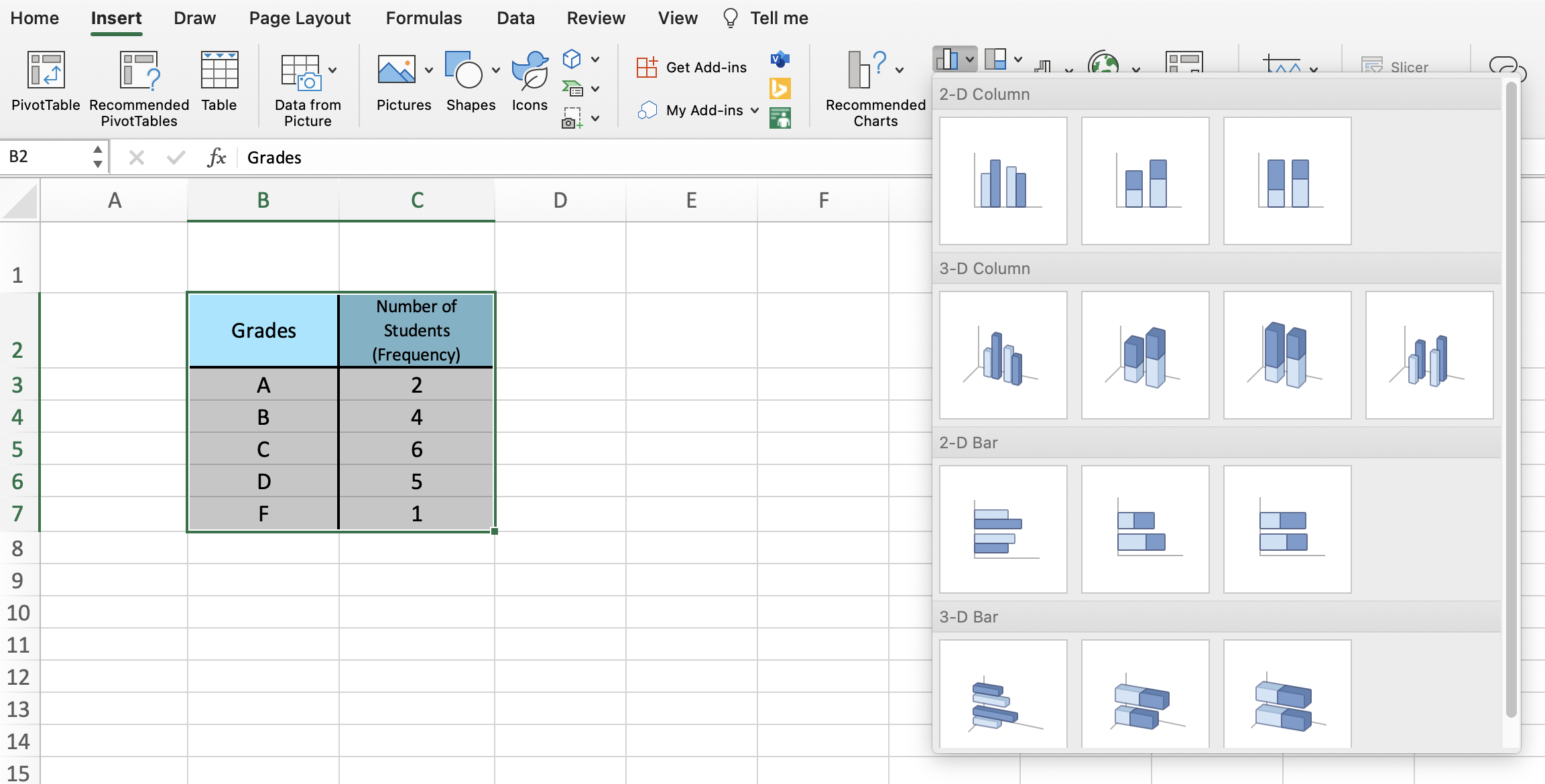 Spreadsheet in Excel presenting alternative bar charts for grades
