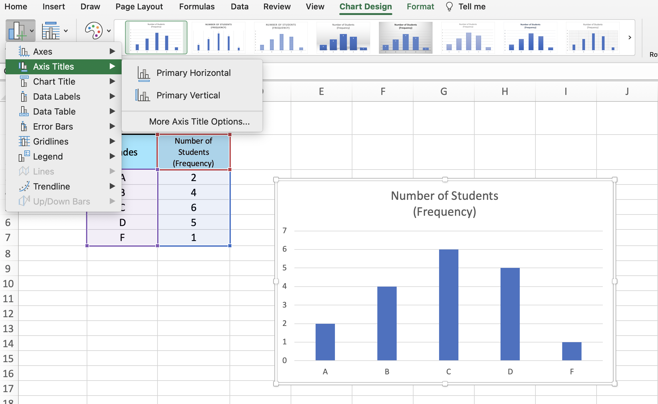 Spreadsheet in Excel presenting possibilities for bar chart editing