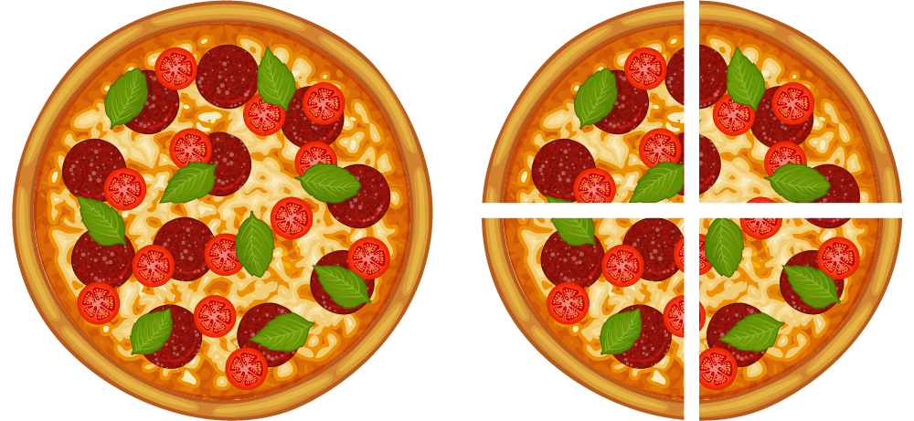 En pizza som blir delt i fire like deler