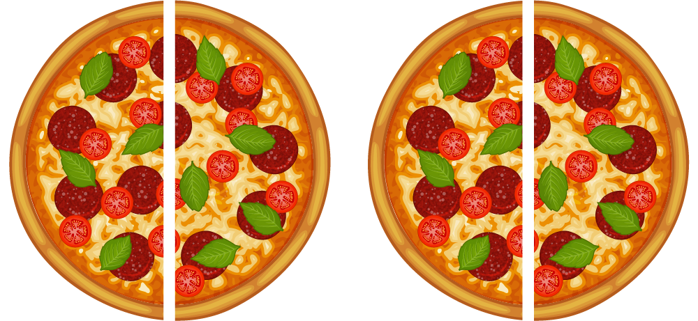 To pizzaer som begge er delt i to.