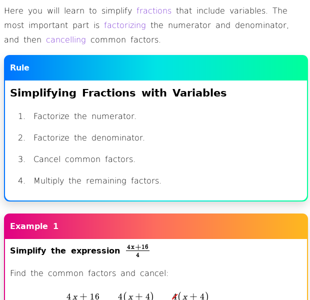 Simplify fractions with variables