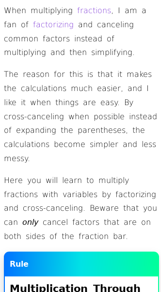 Fractions and factorization of variable expressions house of math