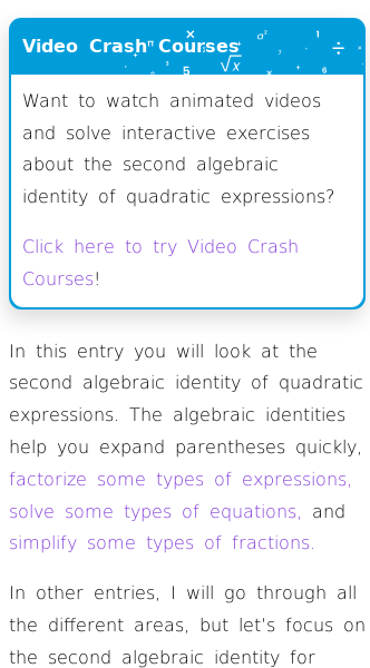Article on The Second Algebraic Identity of Quadratic Expressions
