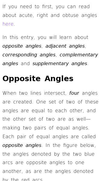 Article on Pairs of Angles (Opposite, Adjacent and Supplementary)