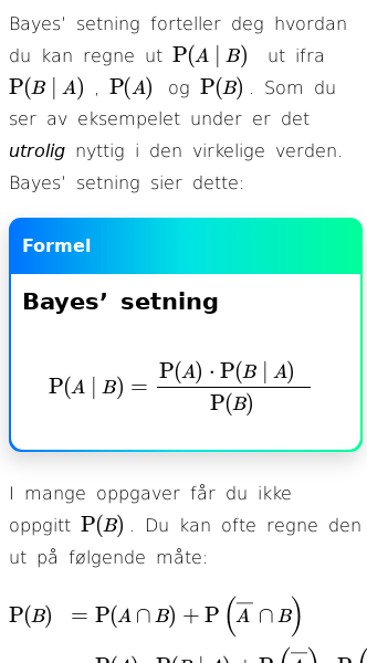 Oppslag om Bayes' setning og total sannsynlighet